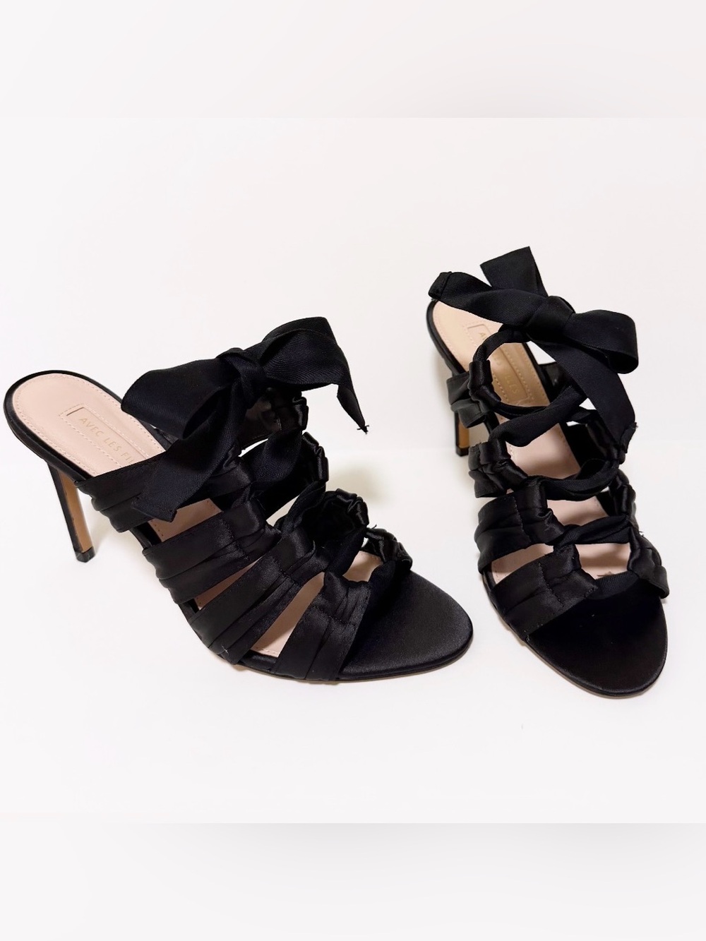 Avec Les Filles | Black Satin Lace-Up Stiletto Heels Size 7.5M NEW